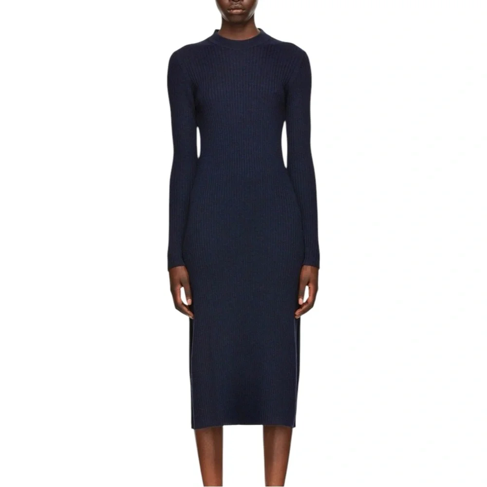 NWT Studio Nicholson Vico Navy Blue Roll High Neck Wool Rib Knit Midi Dress sz 1 - Picture 2 of 12